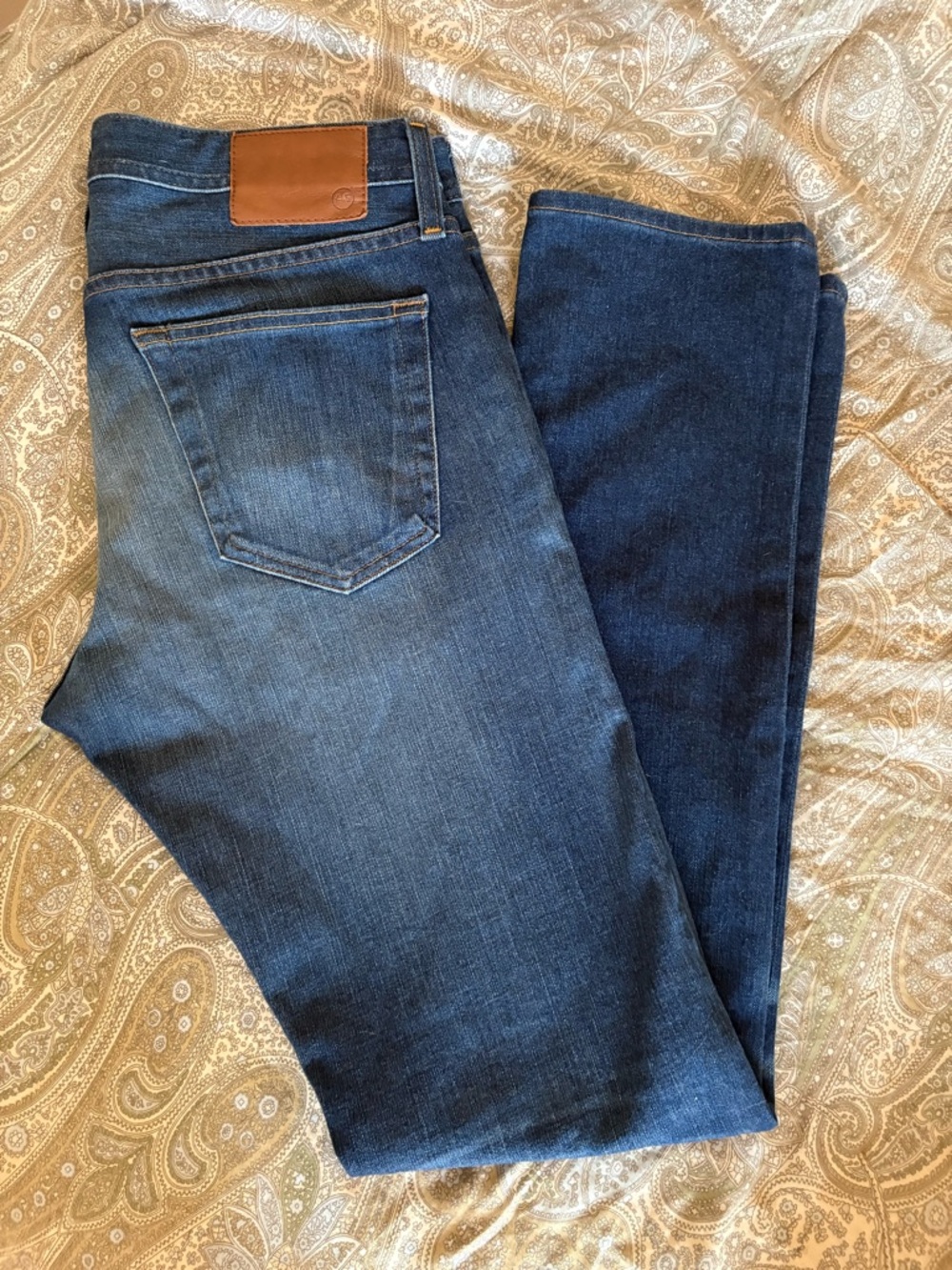 Ag Adriano Goldschmied Slim Straight Jeans in Dark Blue with Tan Patch